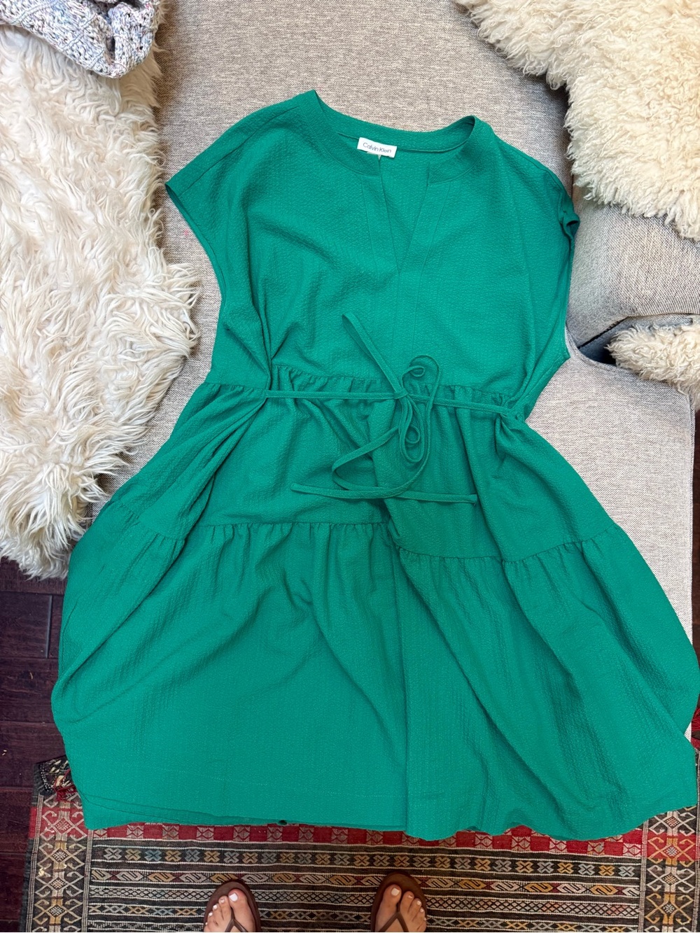Calvin Klein Emerald Green Tiered Waist-Tie Dress